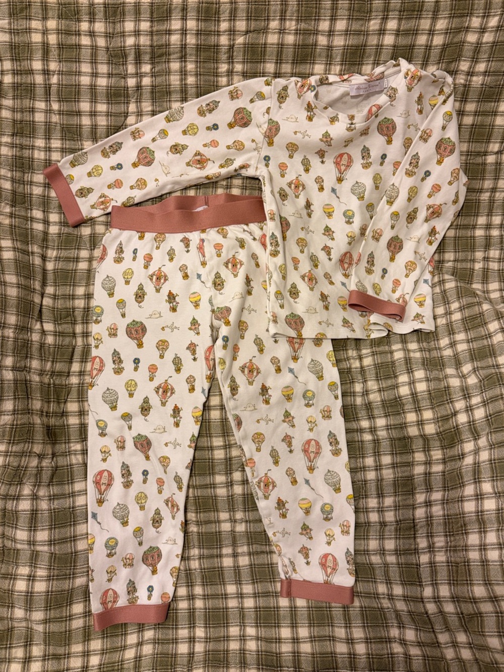 Kids Hot Air Balloon Print Pajama Set - Cream with Mauve Trim